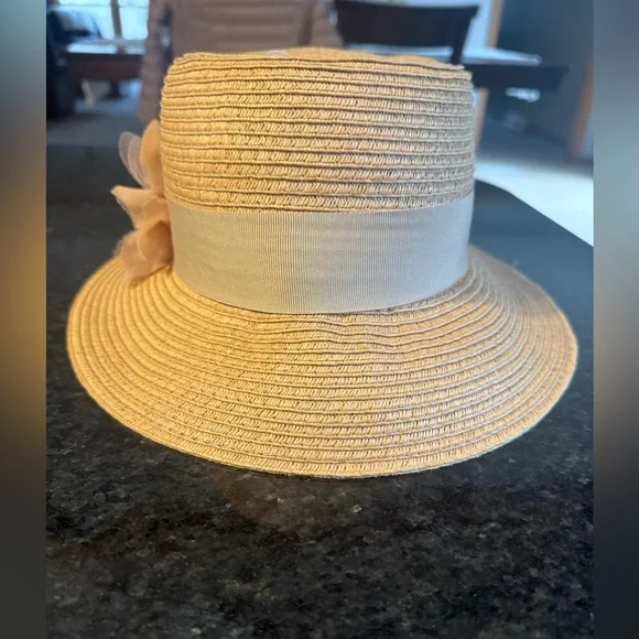 August Hat Company Straw Sun Hat with Beige Band and Floral Beaded Accent OS - Picture 6 of 10